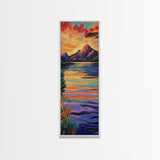 Sunset, Mountain, Reflection, Lake, Framed Canvas Print with vibrant water, dramatic skies, boho living room wall art, nature lover gift