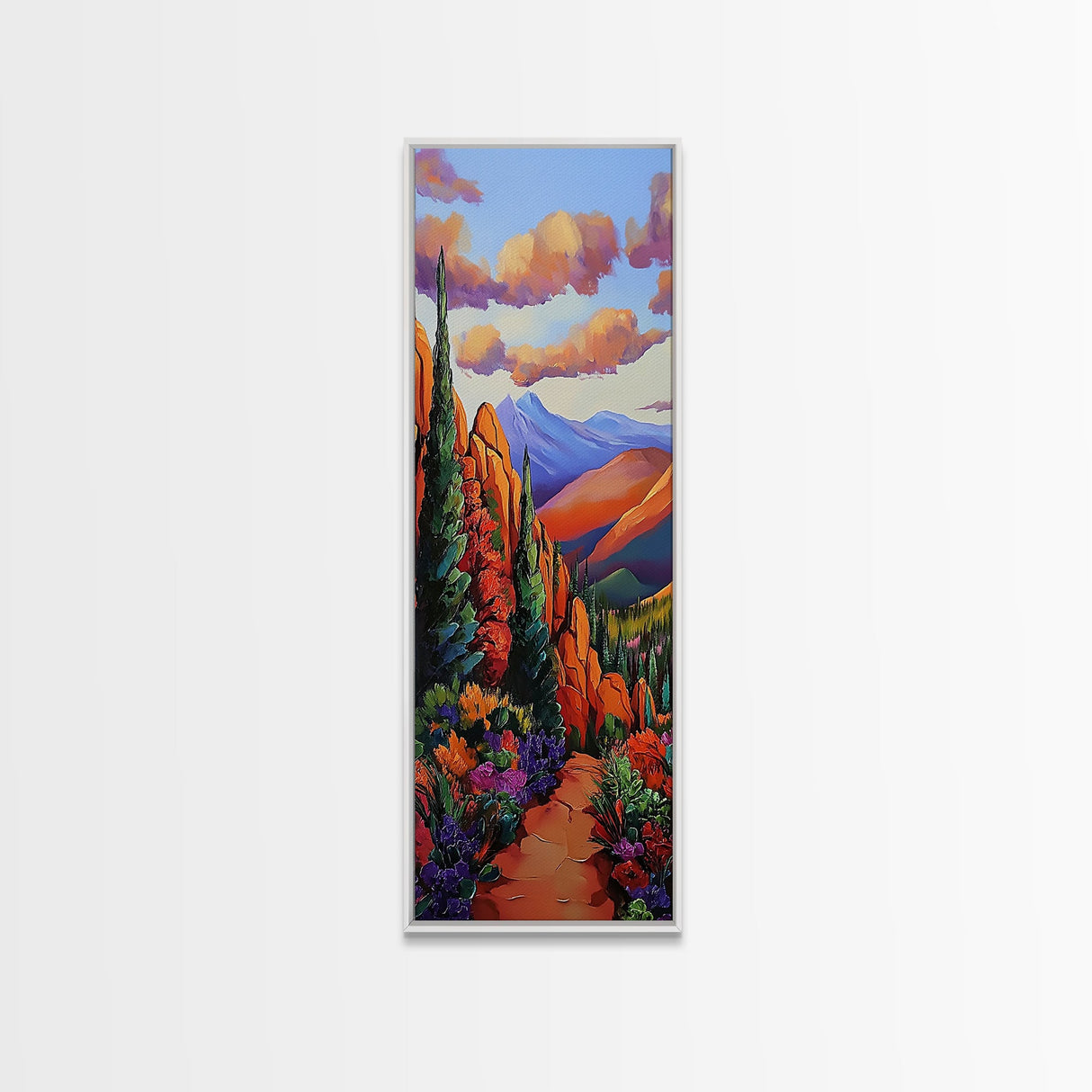 Desert, Mountains, Bold, Colors, Framed Canvas Print with red rock trail, southwest boho decor, hallway art, vibrant mountain landscape