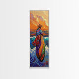 Woman, Sunset, Canoe, Vibrant Mexican Sunset Canvas Print, Latin American Decor, Living Room Wall Art, Bohemian Coastal Painting