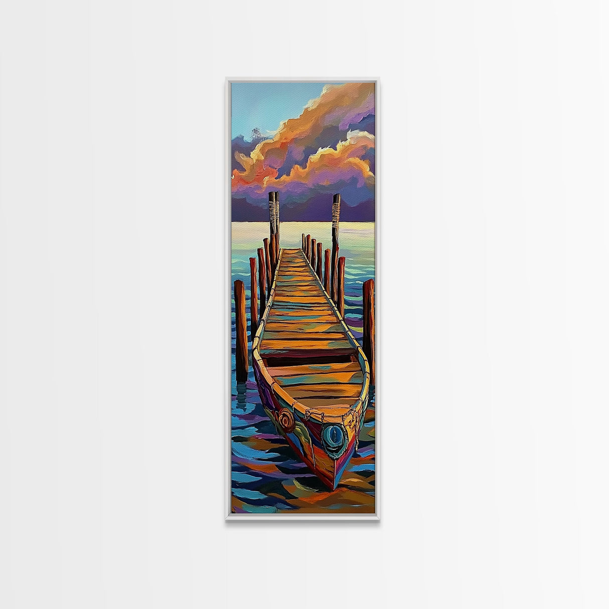 Boat, Dock, Sunset, Water, Canvas Print, Serene Nautical Wall Art, Lakehouse Decor, Minimalist Ocean Landscape, Peaceful Seascape