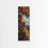 Coastal Bell Tower, Floral Pathway, Mediterranean Seaside Art, Vibrant Garden Style, Fall Home Accent, Framed Canvas Print