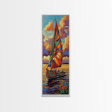 Sailboat Sunset, Nautical Colors, Coastal Adventure Wall Art, Tropical Summer Decor, Beach House Style, Framed Canvas Print