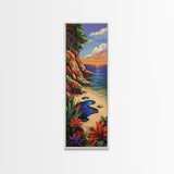 Secluded Beach, Tropical Cliffs, Colorful Coastal Nature Art, Summer Getaway Style, Ocean View Decor, Framed Canvas Print