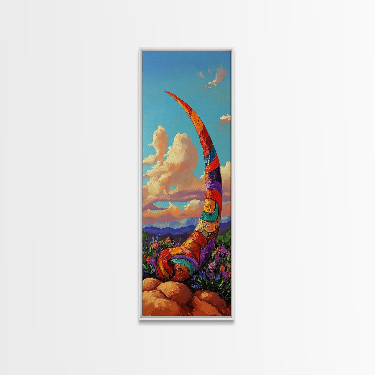 Horn, Abstract, Desert, Vibrant Desert Horn Framed Canvas Print, Surreal Boho Wall Art, Rustic Southwest Decor, Meditation Room Accent