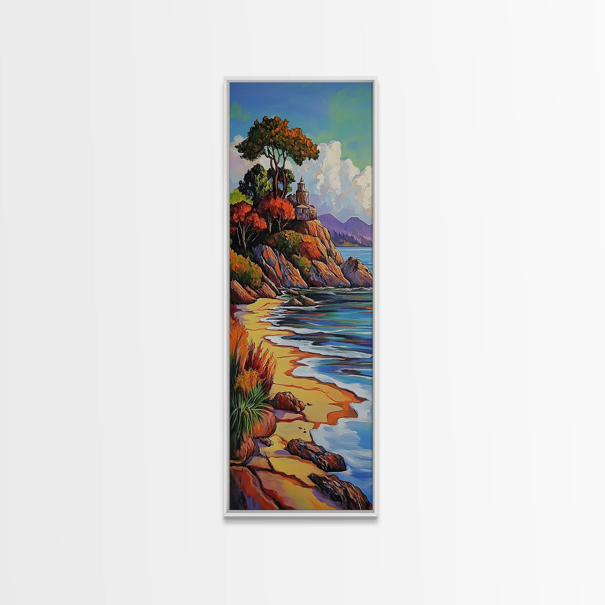 Autumn Lighthouse, Coast, Beach Sunset Landscape Framed Canvas Print, Coastal Wall Decor, Fall Living Room Art, Vibrant Nature Artwork