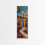 Spanish Villa, Garden, Tropical House Framed Canvas Print, Southwestern Wall Decor, Vibrant Living Room Art, Colorful Home Scene