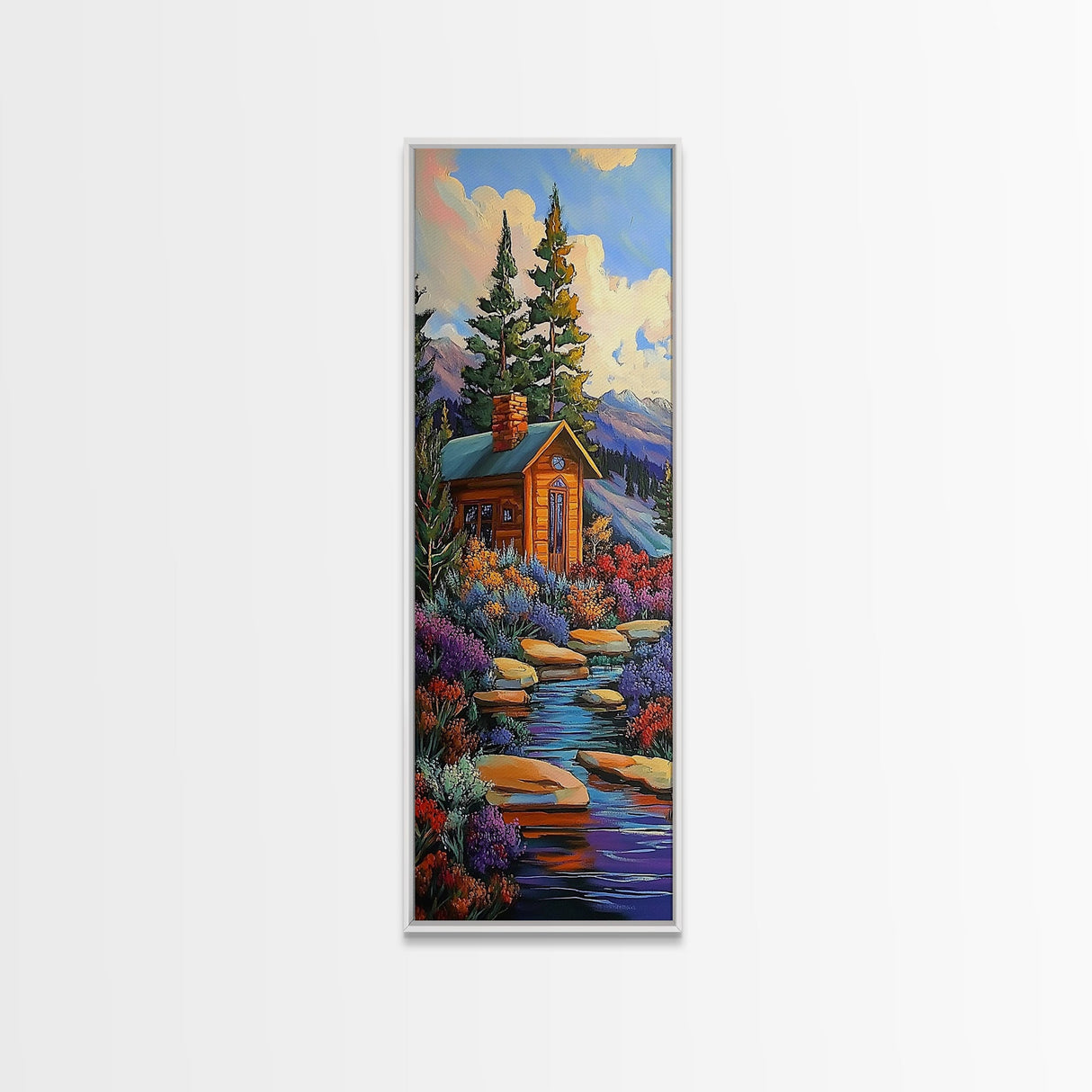 Mountain Cabin, Forest Path, Autumn Escape, Framed Canvas Print, cozy fall cabin wall art, rustic lodge decor, nature inspired artwork