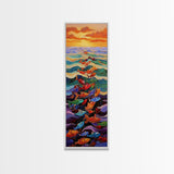 Ocean Journey, Colorful Fish, Sunrise Waves, Framed Canvas Print, vibrant coastal fish painting, kids room or nautical beach house art