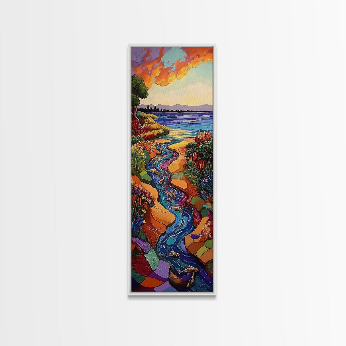 Sunset River, Landscape, Painting, Framed Canvas Print, Vibrant sunset river wall art, nature home decor, mountain style, hallway wall art