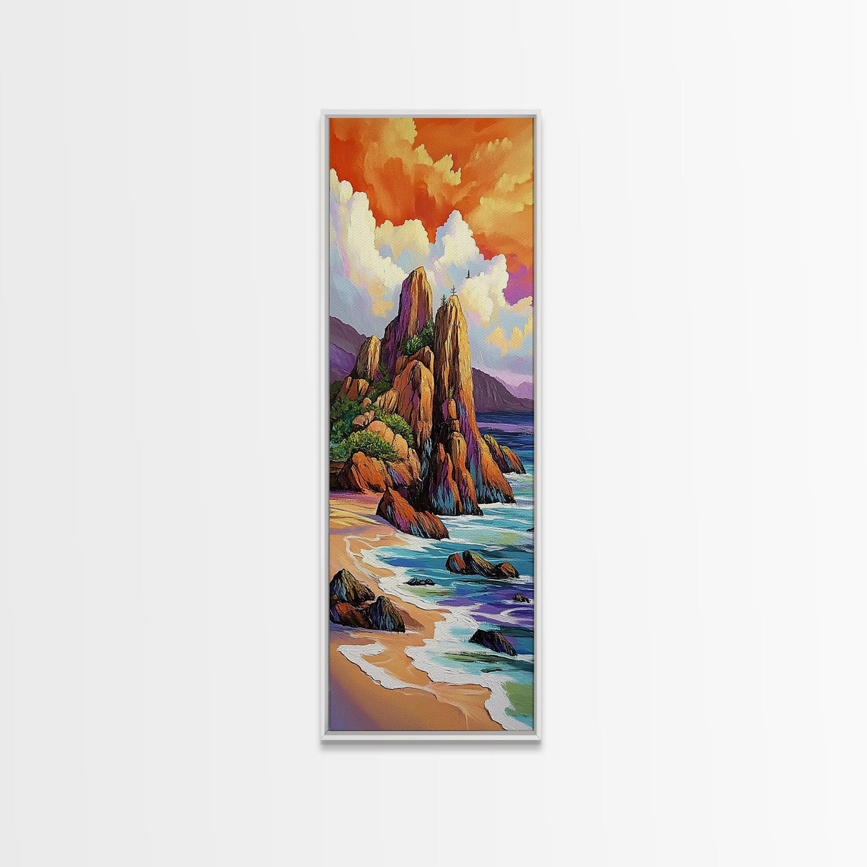 Seascape Beach, Sunrise, Rocks, Framed Canvas Print, Coastal seascape beach painting, vivid sunrise wall decor, coastal living room wall art