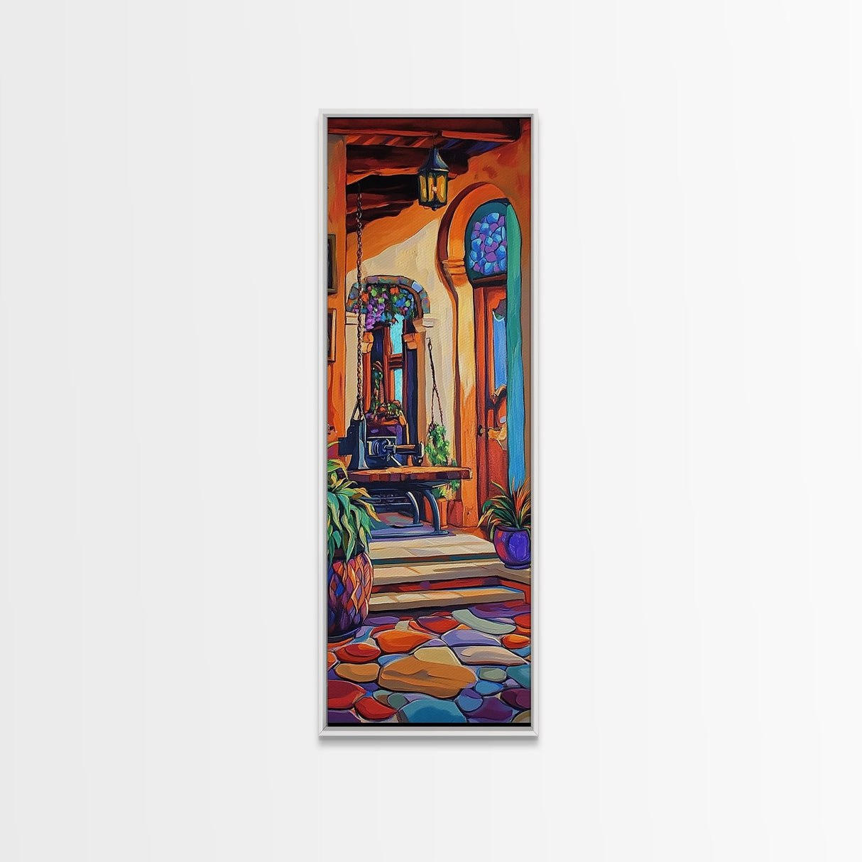 Spanish Rustic Courtyard Art, Framed Canvas Print vibrant Mexican home decor, boho kitchen wall art, hacienda inspired, warm earthy tones