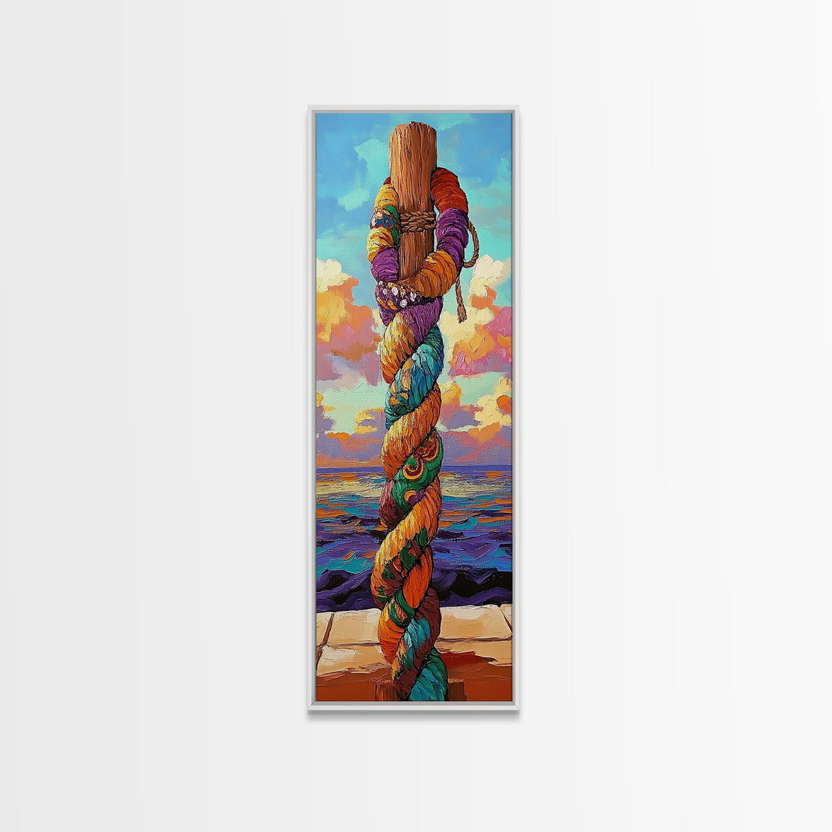 Nautical Rope, Pier, Art – Framed Canvas Print beach house decor, coastal rope wall art, nautical theme, vibrant colors, bathroom wall art
