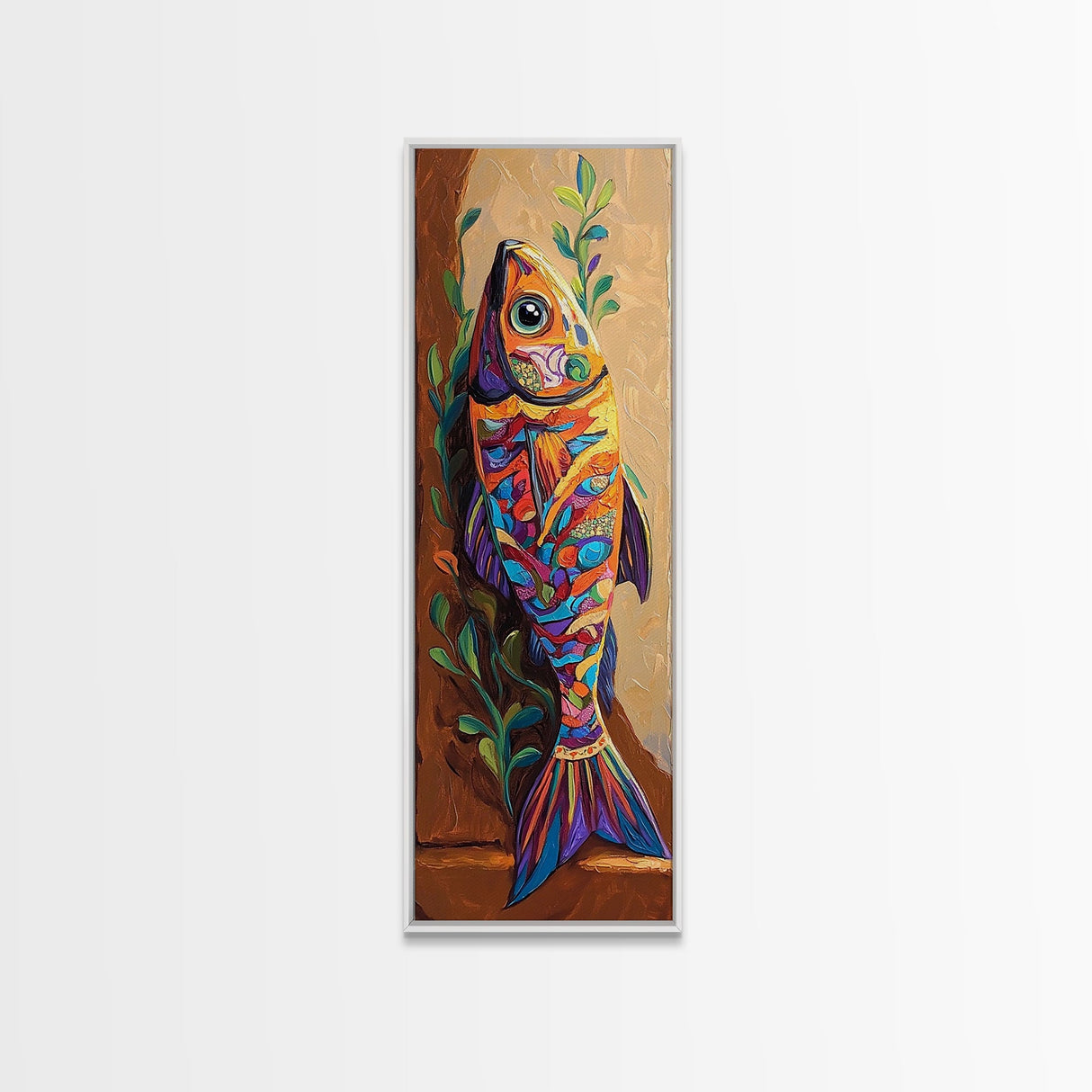 Colorful Fish, Folk Painting, Canvas Print Mexican folk art kitchen decor, ocean wall art, playful seafood theme, rustic coastal kitchen