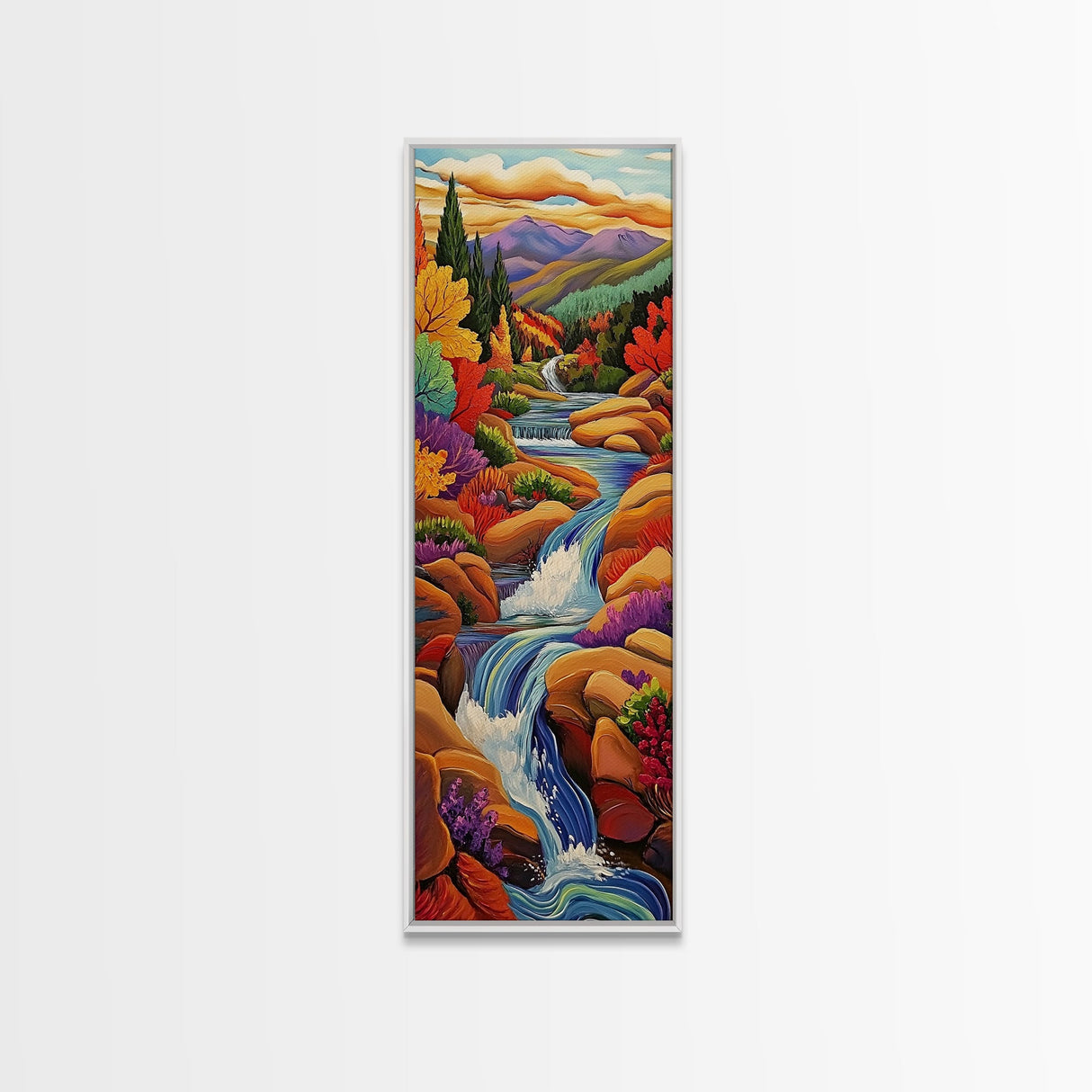 Autumn Waterfall, Mountain, River — Canvas Print of fall mountain river scene, great for Rustic Cabin Decor or Autumn Living Room Wall Art