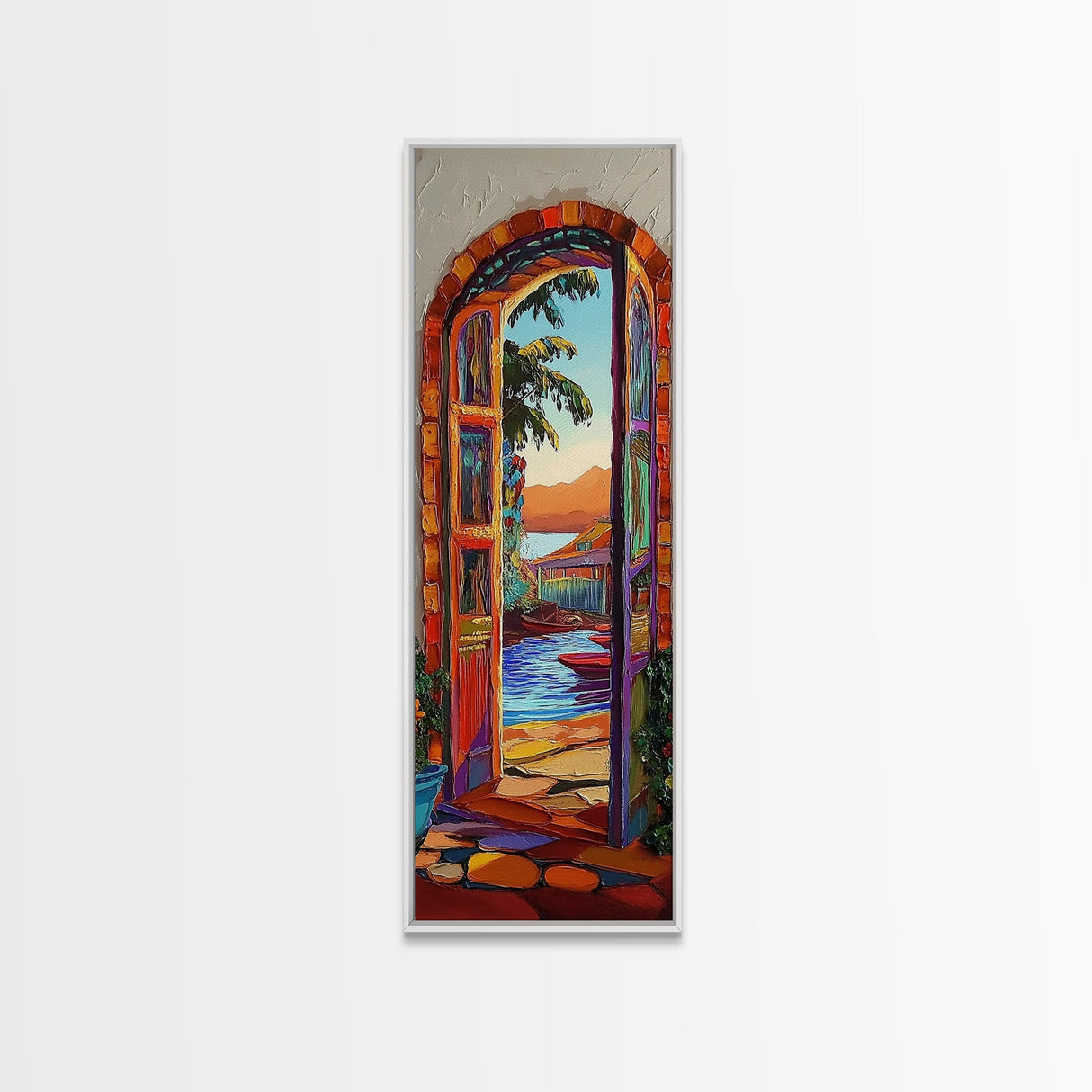Open Doorway, Water, Boats — Canvas Print of seaside view through open door, perfect Coastal Bathroom Wall Art or Tropical Living Room Decor