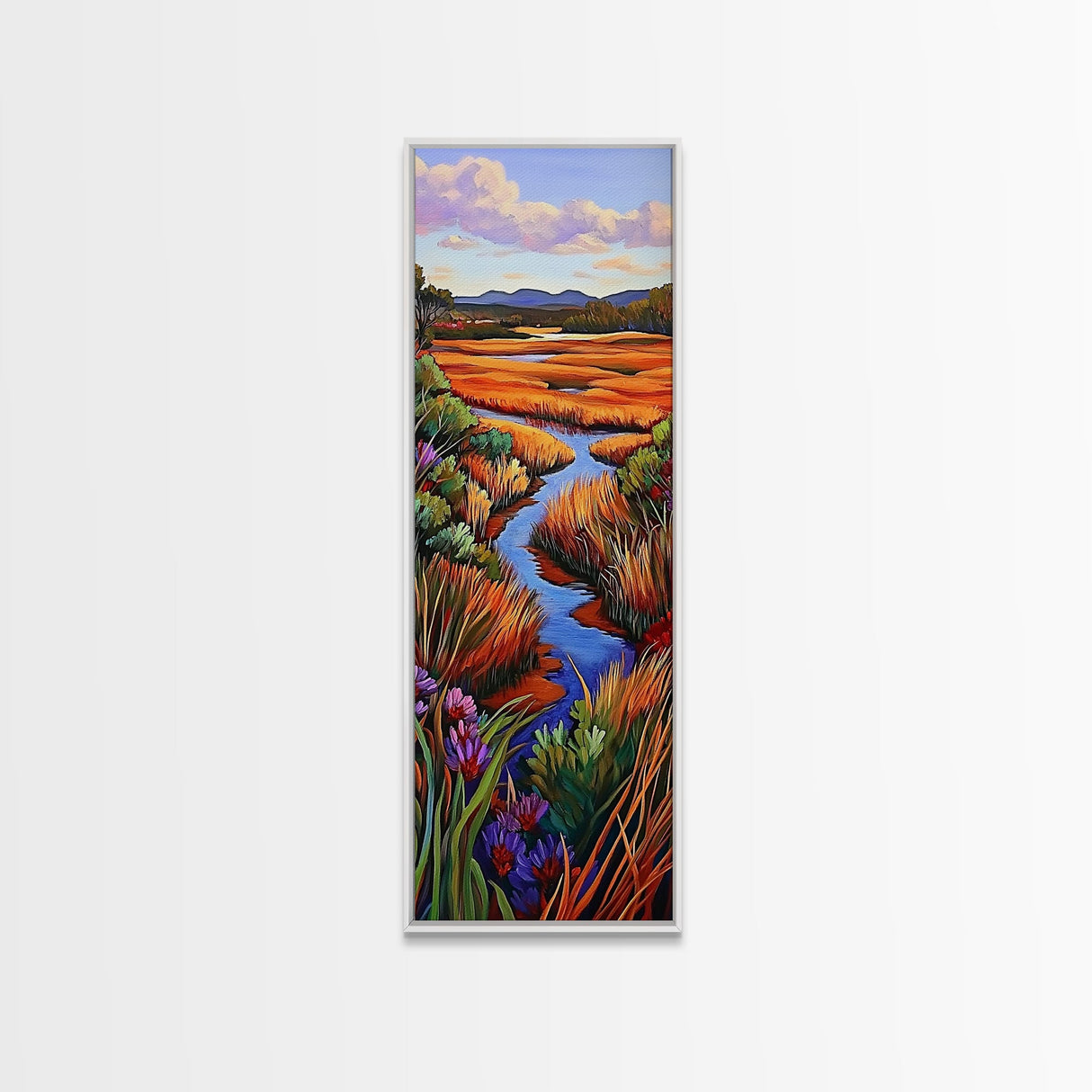 Autumn River, Landscape, Nature Scene Framed Canvas Print, Rustic Fall Art, Living Room Wall Decor, Colorful Country Landscape Painting