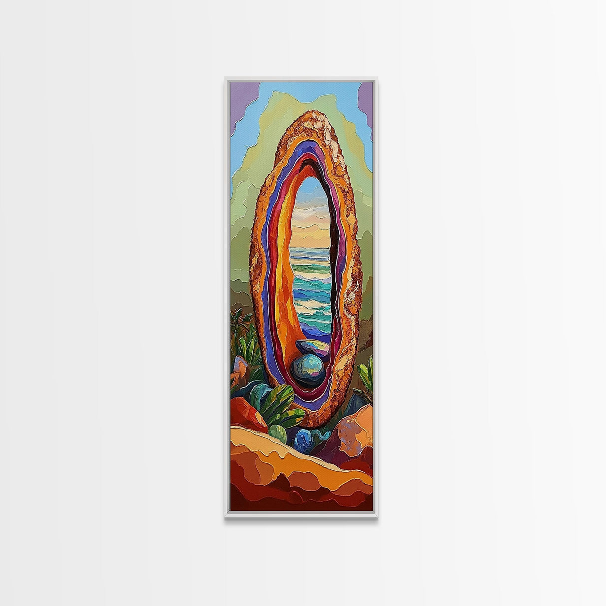 Ocean Portal, Geode Shell, Dreamy, Surreal Beach Art, Framed Canvas Print, Boho Bedroom Decor, Psychedelic Coastal Wall Art