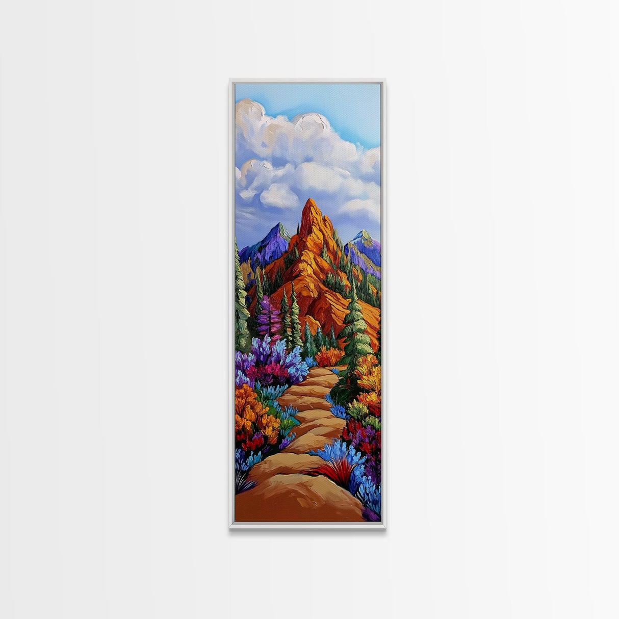 Trail Path, Wildflowers, Mountain View, Nature Escape Scene, Framed Canvas Print, Rustic Boho Wall Art, Cabin Entryway Decor