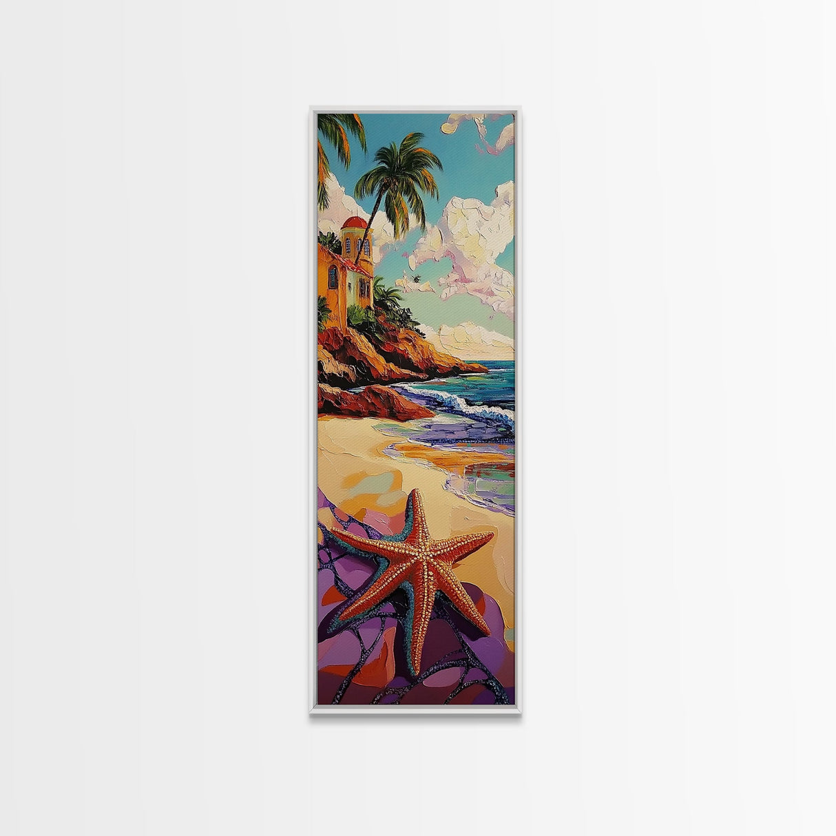 Starfish Beach, Tropical, Canvas Print, Coastal starfish painting with vivid shore and ocean view, beach house decor, guest room wall art