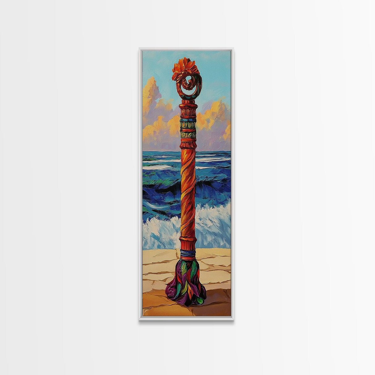 Coastal Totem, Bold, Art, Framed Canvas Print tropical tribal decor, ocean beach vibes, colorful surfside pole painting, seaside living room