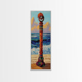 Coastal Totem, Bold, Art, Framed Canvas Print tropical tribal decor, ocean beach vibes, colorful surfside pole painting, seaside living room