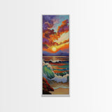 Sunset Seascape, Waves, Ocean Framed Canvas Print vivid wave crashing art, colorful sky landscape, modern coastal art, beach house decor