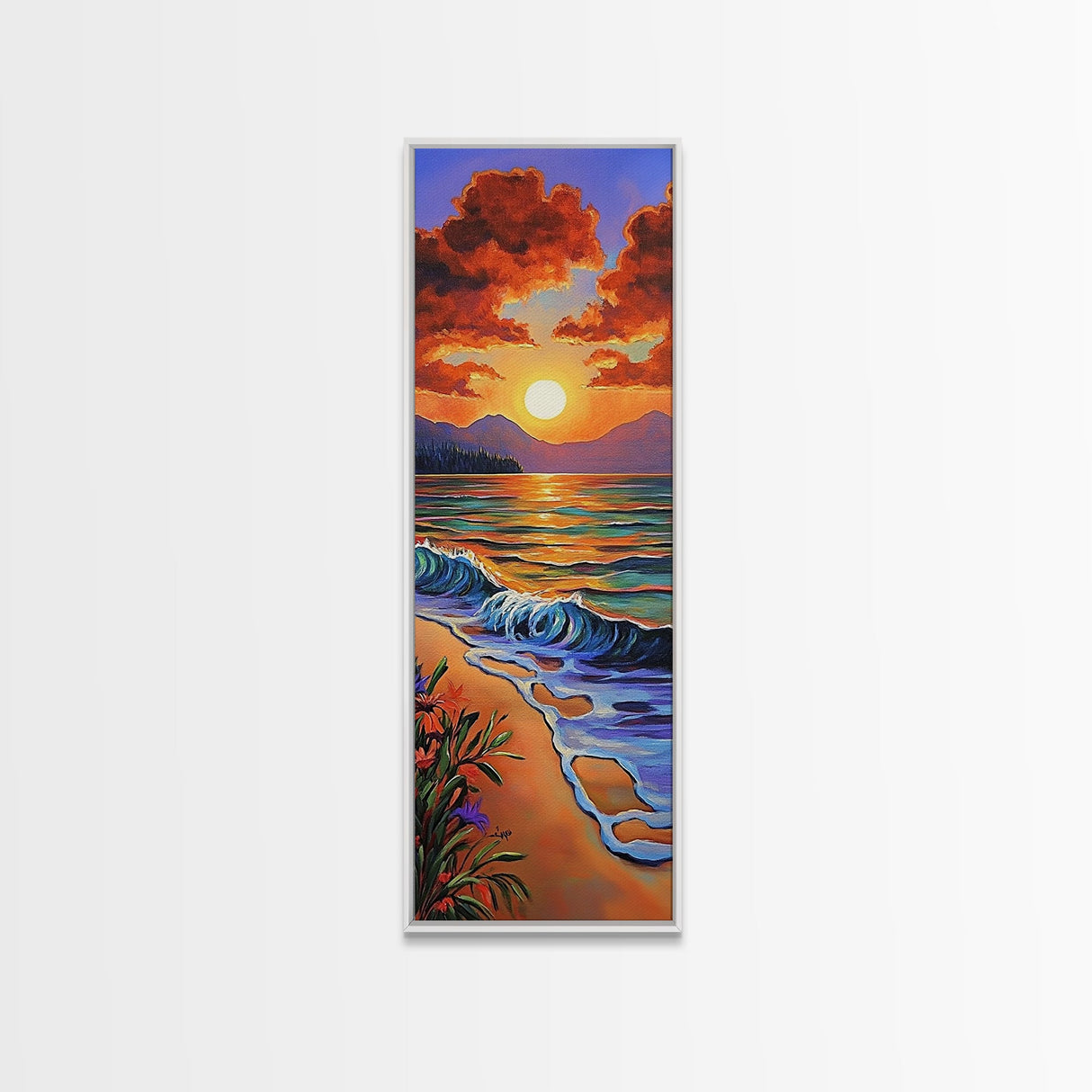 Beach Sunset, Clouds, Coastal Canvas Print vibrant tropical sunset painting, ocean waves art, colorful coastal decor, summer home wall art