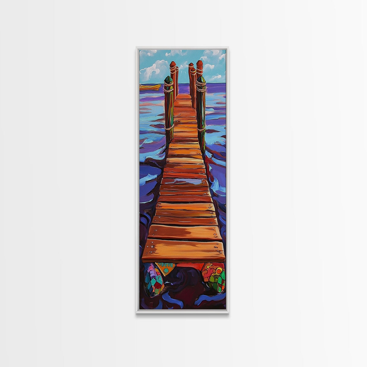 Dock Ocean, Pier, Framed Canvas Print, Seaside Wall Art, Nautical Coastal Decor, Whimsical Ocean Painting, Beach House Style