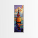 Vibrant Buoy, Sunset Waterscape – Nautical Wall Decor, Coastal Art, Ocean Room Accent, Framed Canvas Print, Colorful Boho Sea Art