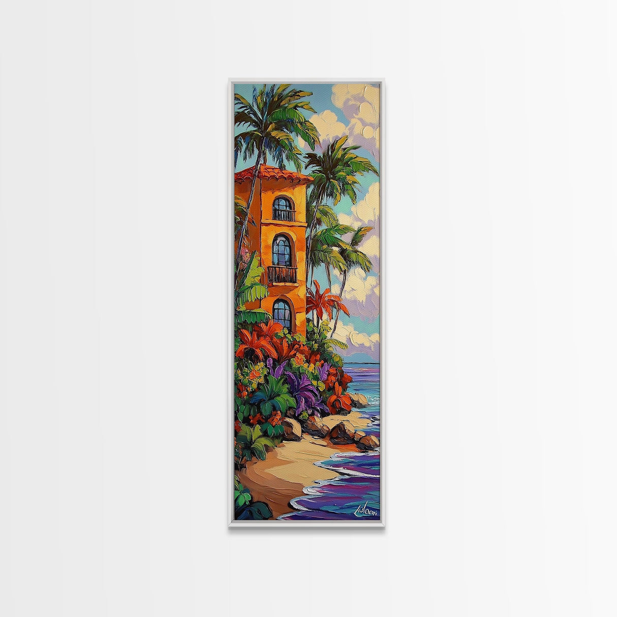 Villa Palms, Beach Colorful — Framed Canvas Print, tropical vacation home decor, beach house art, vibrant coastal scene, entryway print