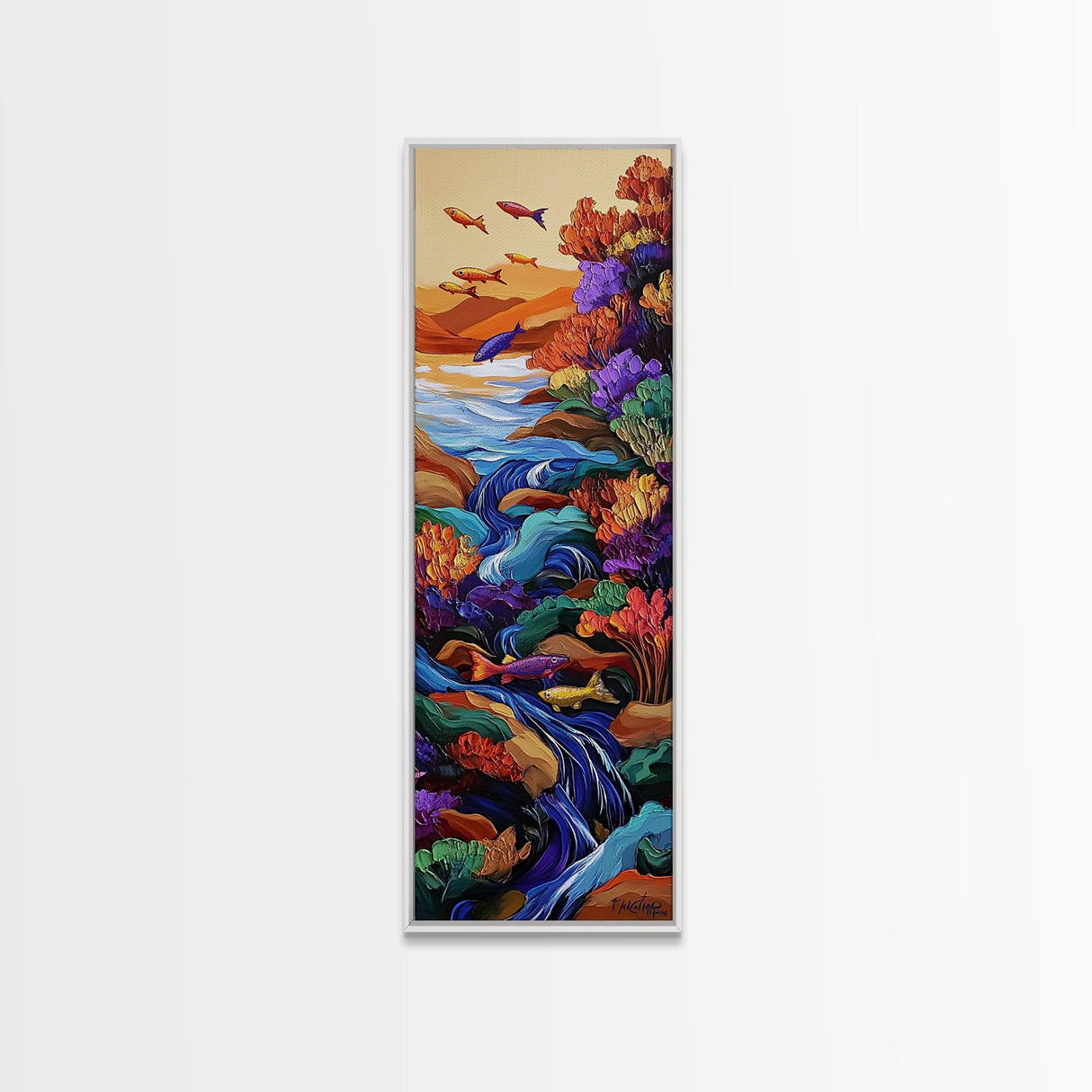 Fish Stream, Fantasy Whimsical — Framed Canvas Print, colorful river painting, kids room aquatic wall art, fantasy nature scene, boho decor