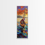 Colorful Boat, Sunset Sea, Vibrant Ocean Scene, Framed Canvas Print, Coastal Wall Decor, Eclectic Living Room Art, Nautical Wall Art