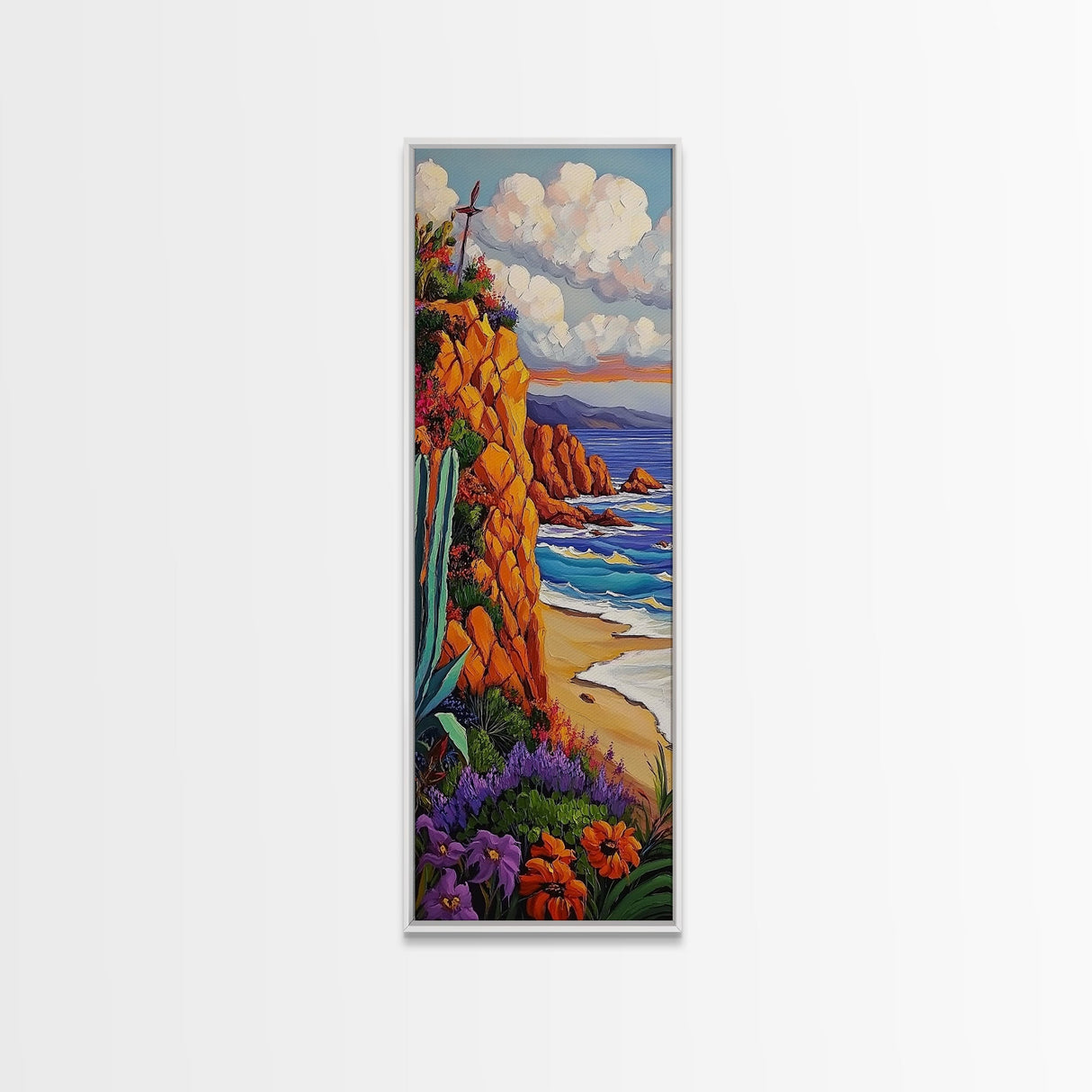 Ocean Cliff, Bloom, Sunset, Canvas Print, colorful coastal painting, fall flower art, boho beach house wall art, living room decor