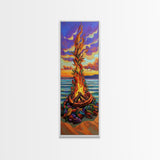 Vibrant Campfire, Sunset Beach – Colorful Beach Bonfire Painting, Fall Outdoor Wall Art, Framed Canvas Print, Cabin Living Room Style
