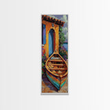 Docked Boat Flowers Villa, Framed Canvas Print, Mediterranean coastal home decor, bright rustic art, hallway wall art, summer lakehouse print