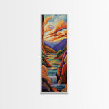 Canyon Sunset, Waterfall Calm, Framed Canvas Print, dramatic mountain wall art, nature inspired living room decor, colorful scenic landscape