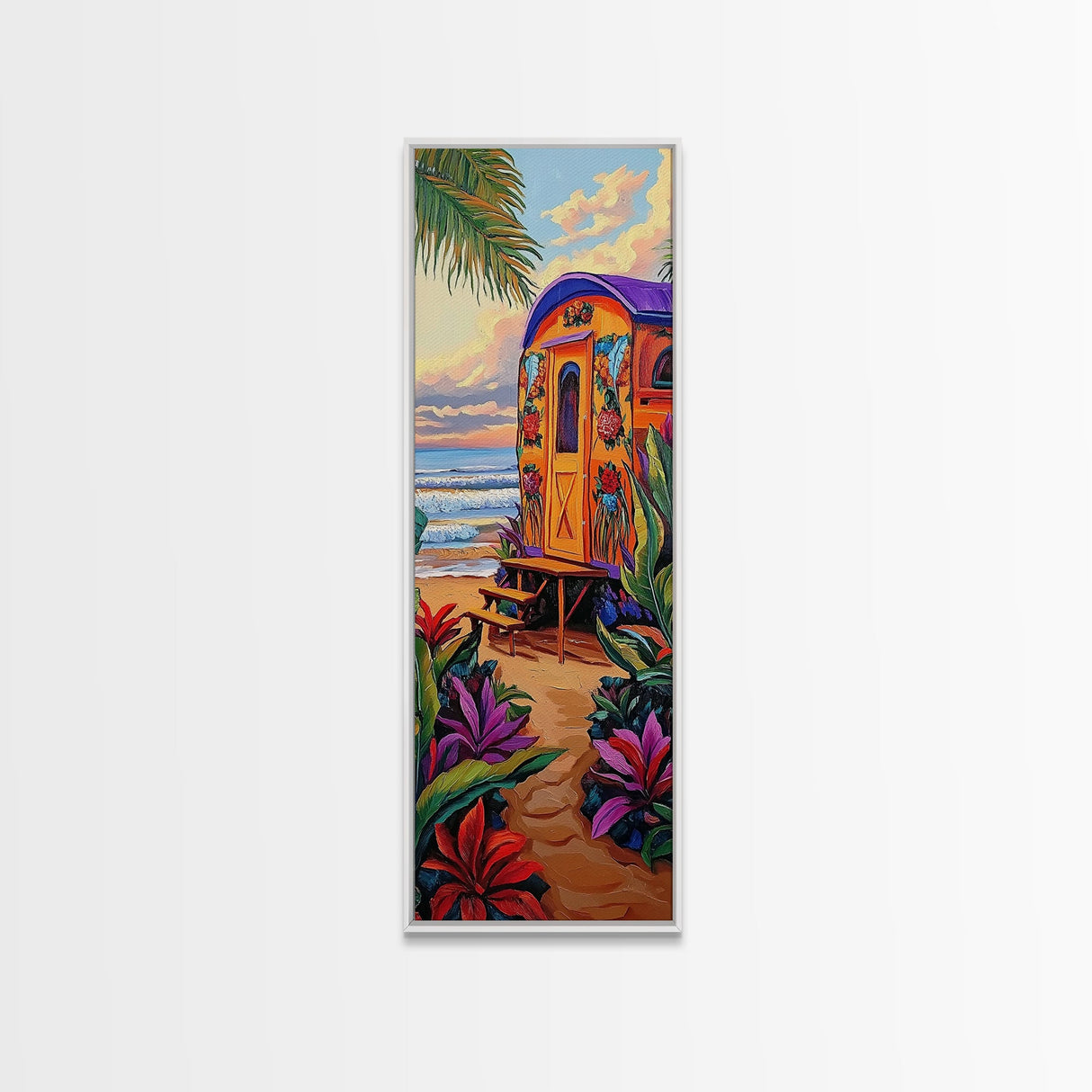 Tropical Camper, Beach Sunset, Framed Canvas Print, beach house wall decor, boho camper wall art, colorful coastal painting, fun summer vibes