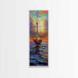 Pirate Ship, Sunset Ocean, Framed Canvas Print, nautical wall art, sailing adventure painting, moody seascape decor, office or den wall art