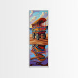 Wagon Reflection, Beach Vibrant, Framed Canvas Print, Colorful bohemian coastal art, living room decor, whimsical wall painting