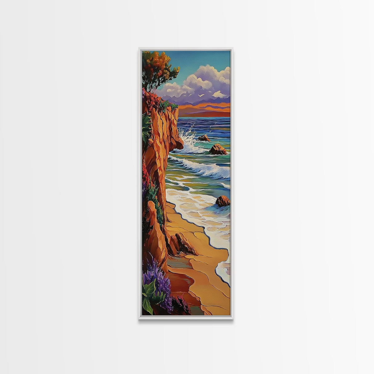 Ocean Cliff, Waves, Bold - Framed Canvas Print, coastal wall décor, colorful beach house art, fall inspired seascape, bedroom wall piece