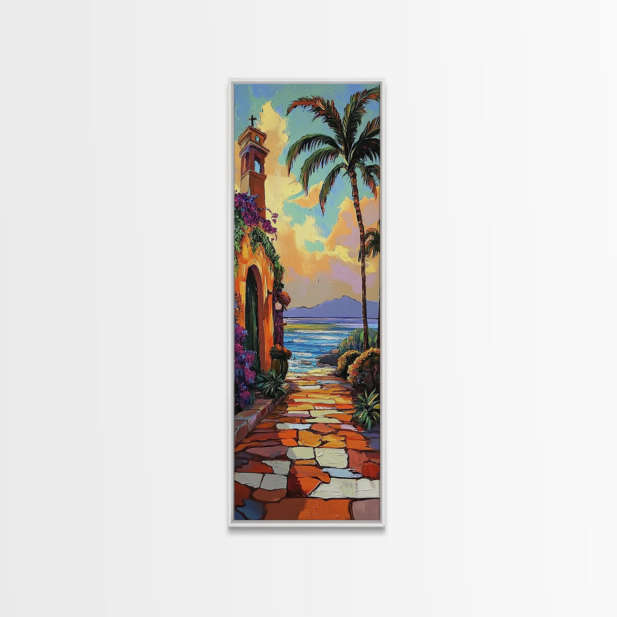 Seaside Church, Palms, Sunset - Framed Canvas Print, Mediterranean beach painting, boho villa wall art, living room or hallway accent piece