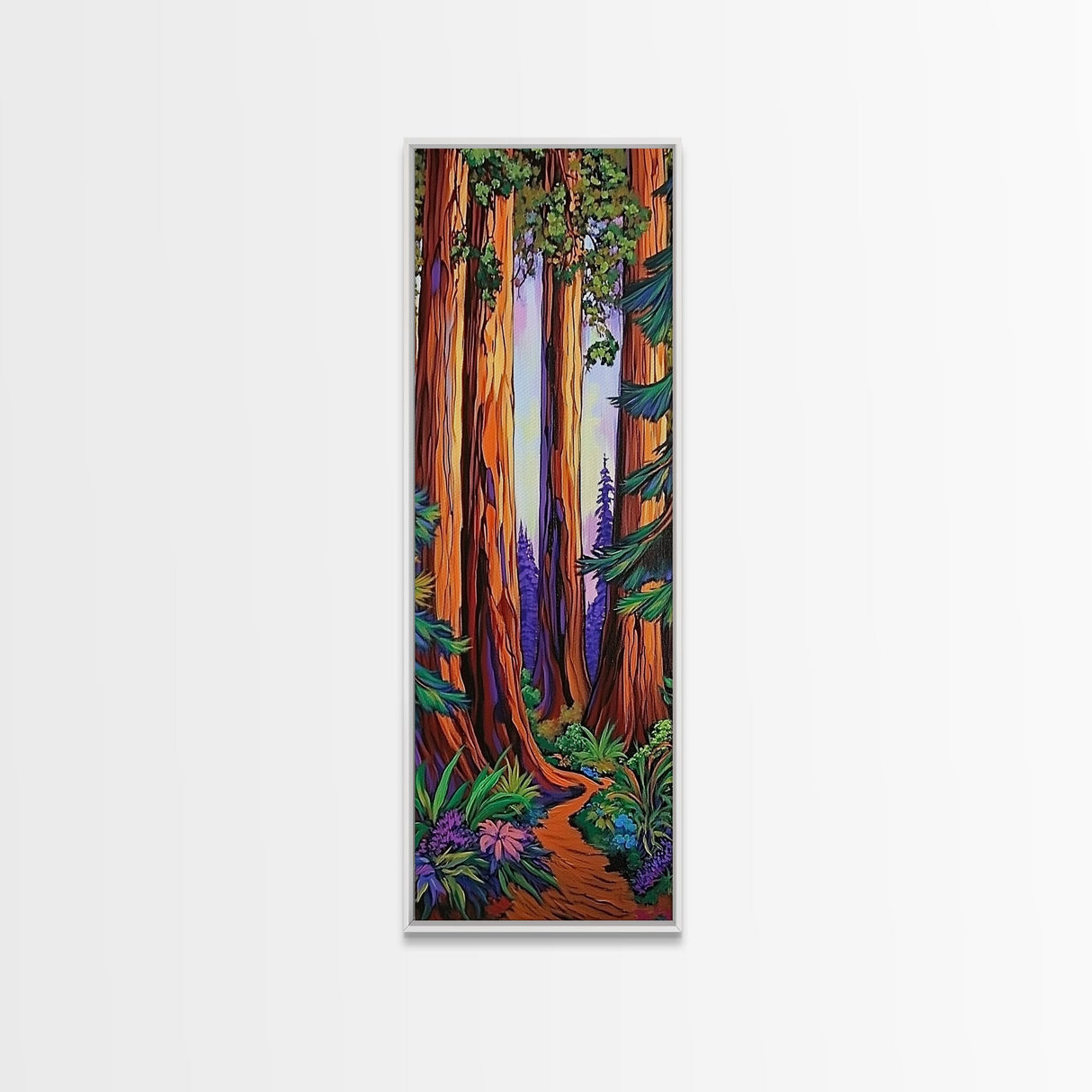 Redwood Forest, Pathway, Serenity - Framed Canvas Print, majestic tall trees art, calming woodland wall décor, rustic cabin or den decor
