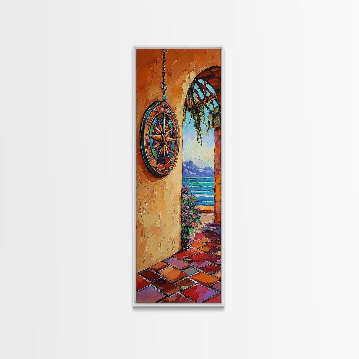 Coastal Compass, Archway View, Framed Canvas Print, Mediterranean boho home decor, nautical hallway wall art, vibrant beach escape