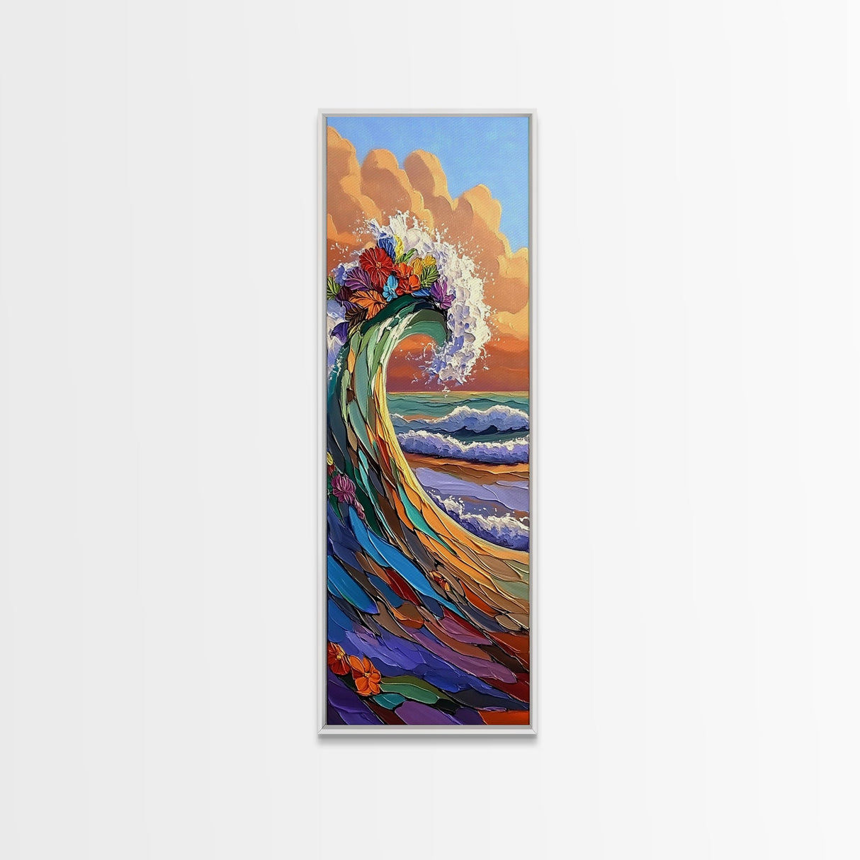 Wave Flowers, Ocean Motion, Canvas Print, Vibrant seascape wall art, tropical wave painting, boho coastal living room decor, sunset surf vibe