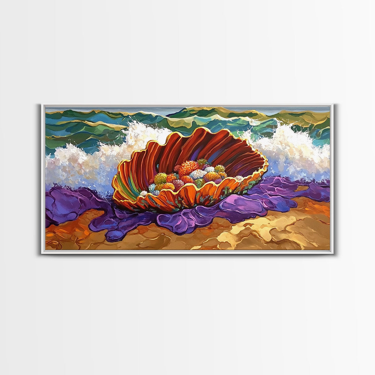Shell Ocean, Jewel, Framed Canvas Print, Whimsical Ocean Shell Painting, Colorful Sea Treasure Wall Art, Nursery Decor