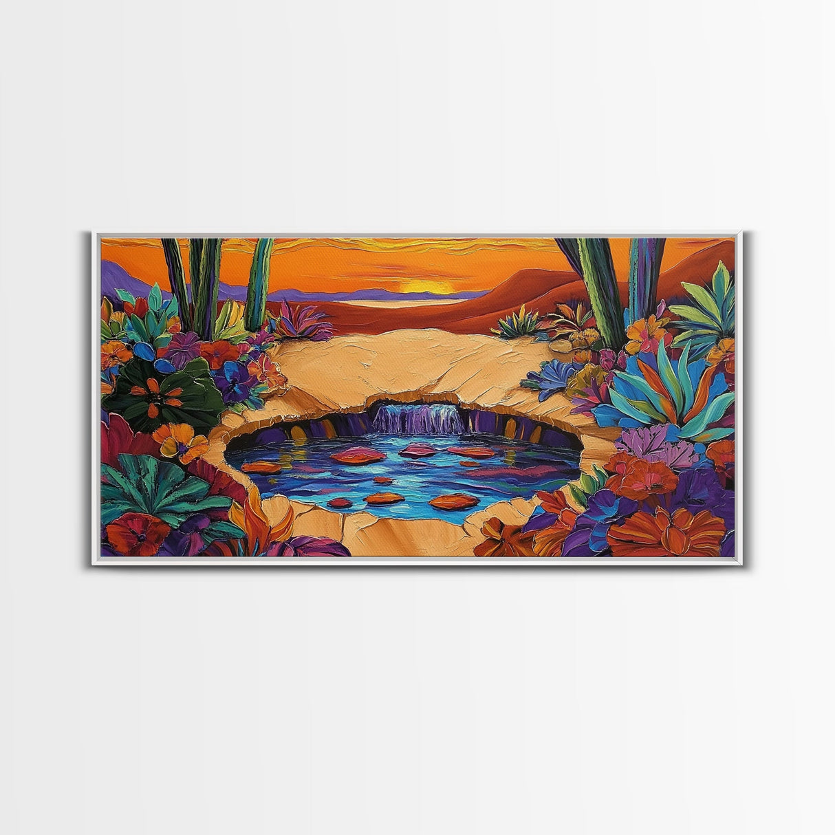 Sunset Cactus, Oasis, Vibrant Desert Canvas Print, Boho Living Room Wall Art, Colorful Sunset Painting, Southwest Style Artwork