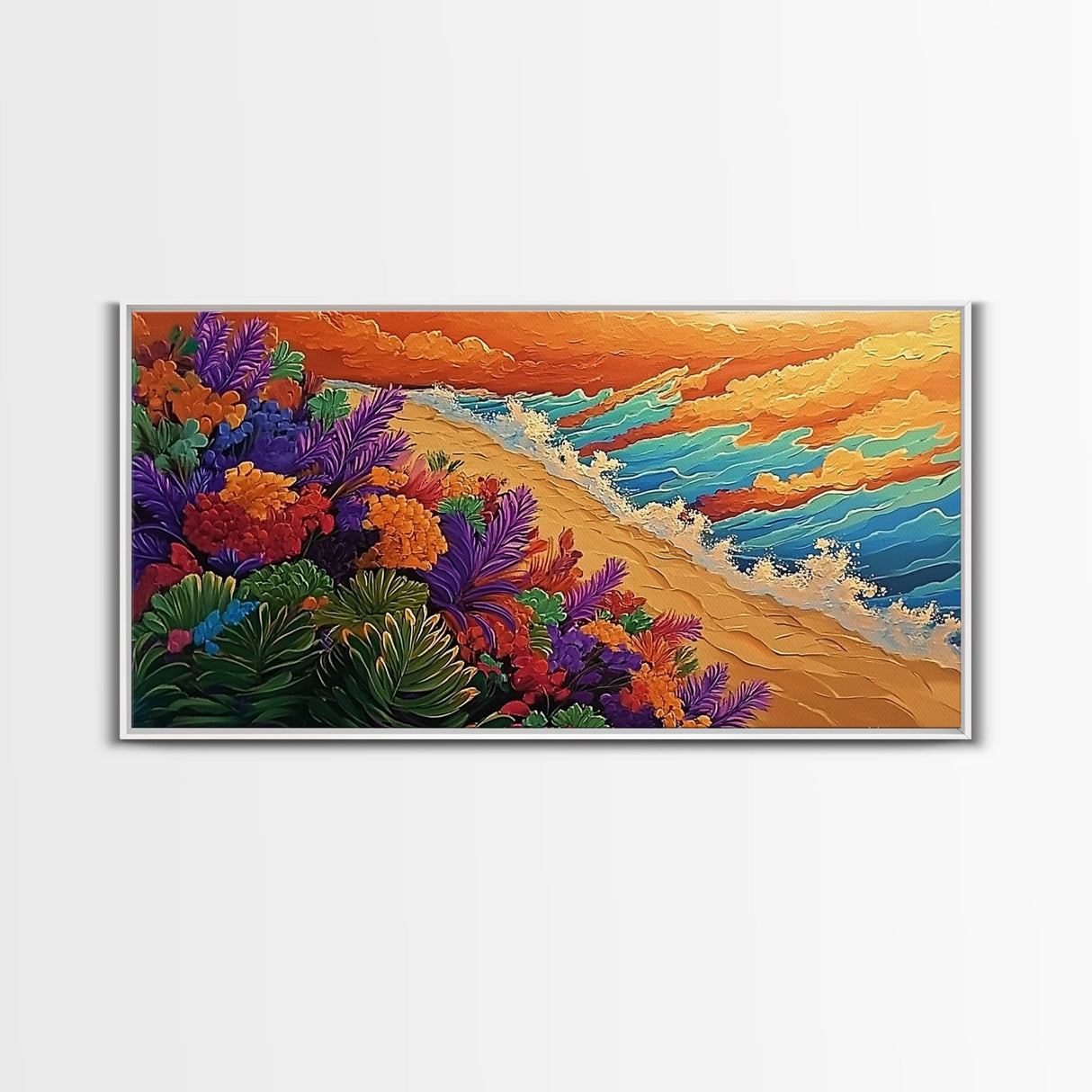 Beach Flowers, Sunset, Coastal Decor Canvas Print, Colorful Ocean Landscape, Tropical Boho Art, Living Room Beach Wall Art