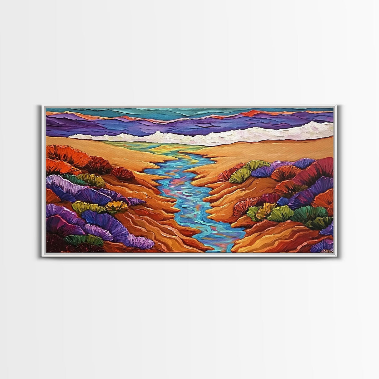 Stream Desert, Flowers, Vibrant Nature Canvas Print, Southwest Landscape Wall Decor, Autumn Living Room Boho Art Style