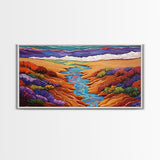 Stream Desert, Flowers, Vibrant Nature Canvas Print, Southwest Landscape Wall Decor, Autumn Living Room Boho Art Style