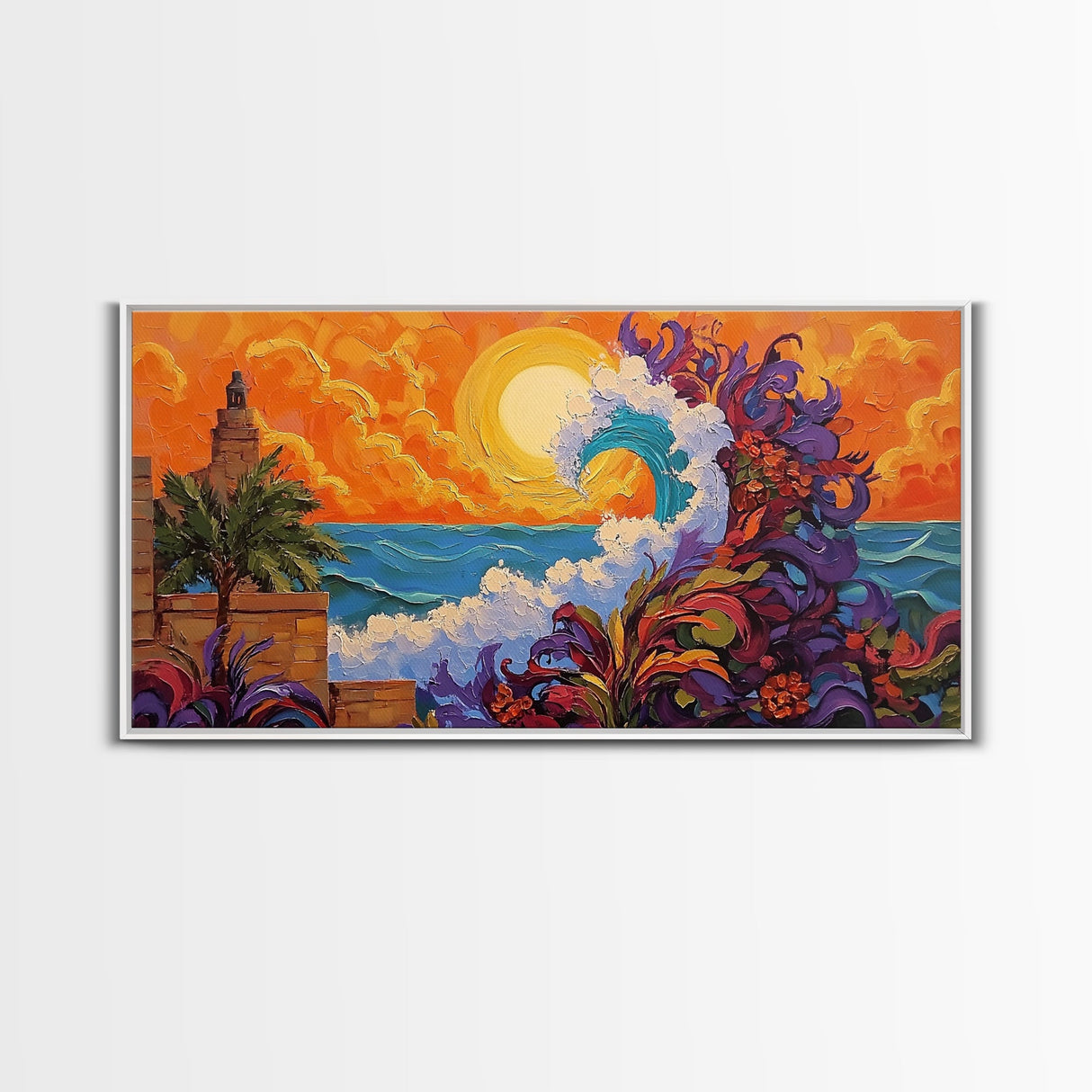 Ocean Wave, Sunset, Lighthouse, Framed Canvas Print vibrant coastal art, whimsical seascape painting, tropical decor, beach wall art